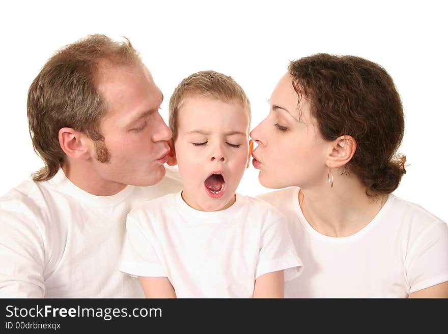 Yawn boy with kissing parents. Yawn boy with kissing parents