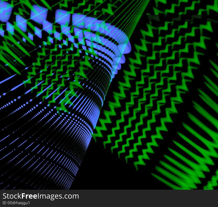 Neon light waves background in blue and green