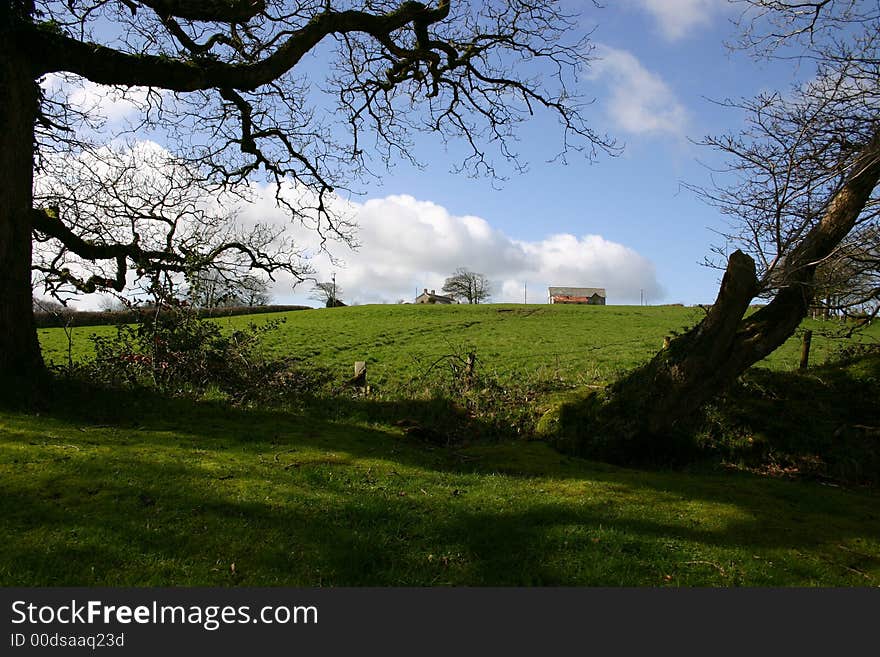 Farmhouse and out-buildings on the top of a hill looking through the trees. Farmhouse and out-buildings on the top of a hill looking through the trees