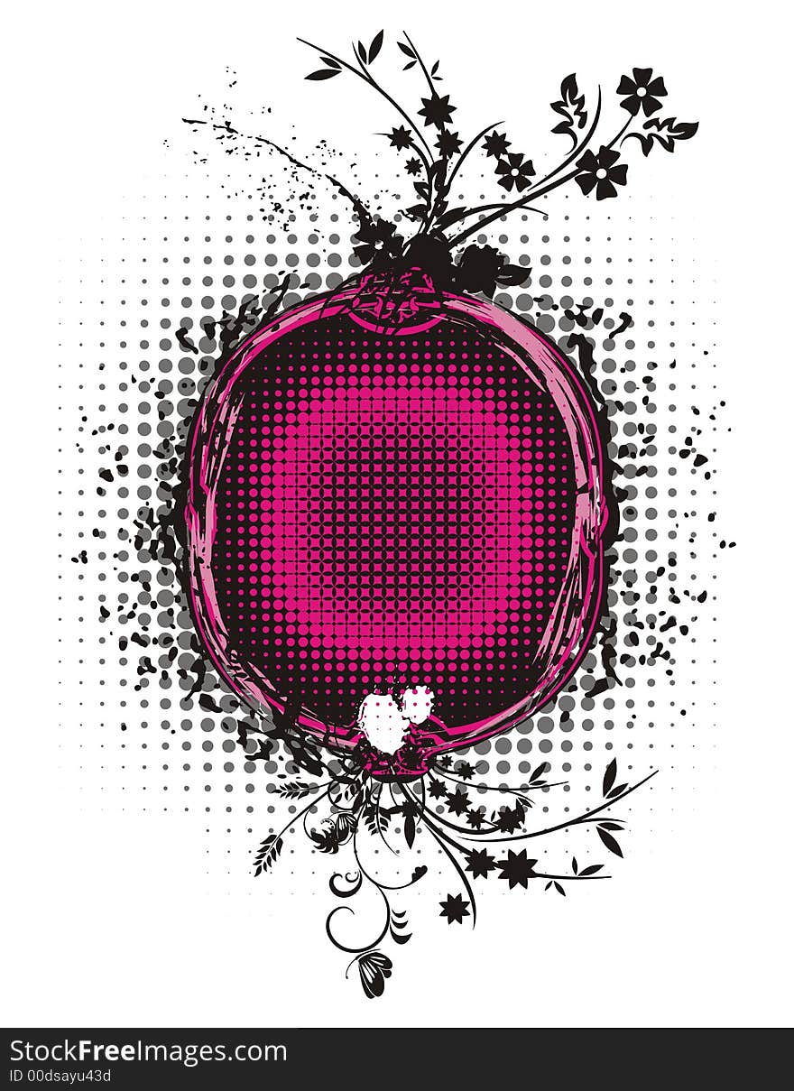 Abstract floral frame with grunge and halftone effects, designed in purple and black colors. Abstract floral frame with grunge and halftone effects, designed in purple and black colors.