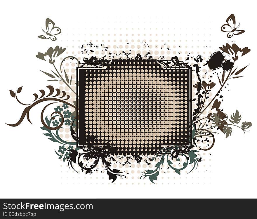 Abstract floral frame with grunge and halftone effects, designed in beige and black colors. Abstract floral frame with grunge and halftone effects, designed in beige and black colors.