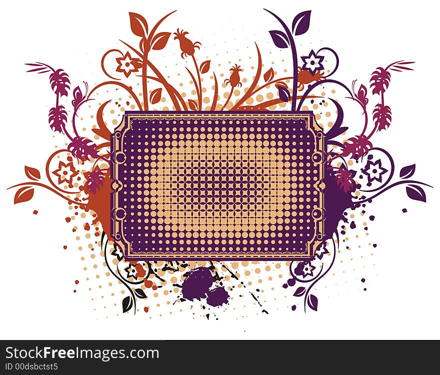 Abstract floral frame with grunge and halftone effects, designed in violet, red, black and yellow colors. Abstract floral frame with grunge and halftone effects, designed in violet, red, black and yellow colors.