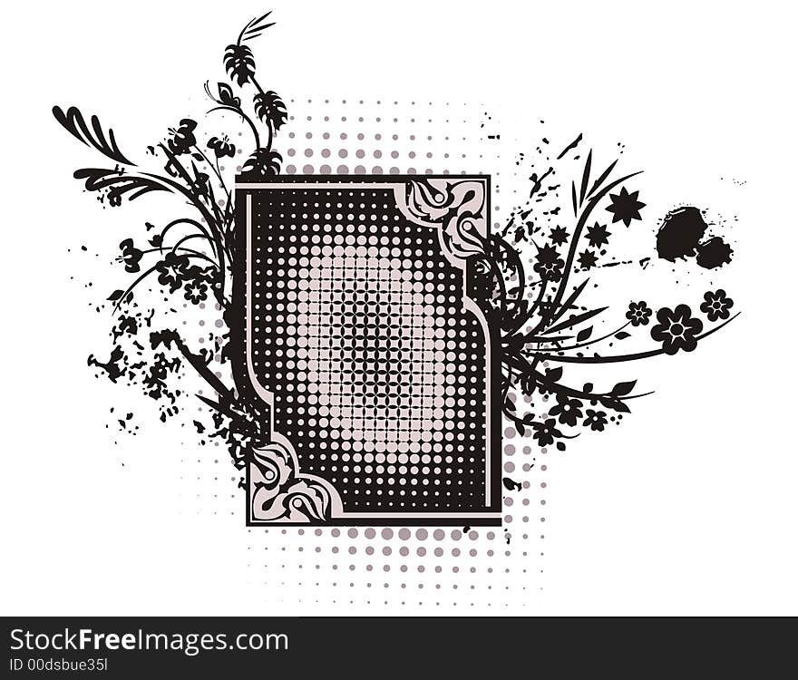 Abstract floral frame with grunge and halftone effects, designed in grey and black colors. Abstract floral frame with grunge and halftone effects, designed in grey and black colors.