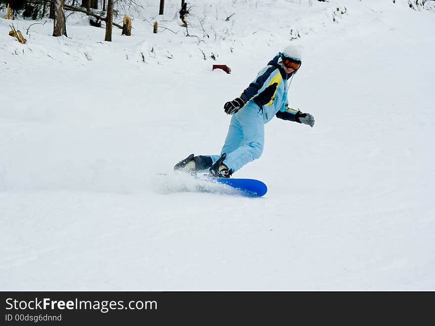 Girl riding fast on snowboard