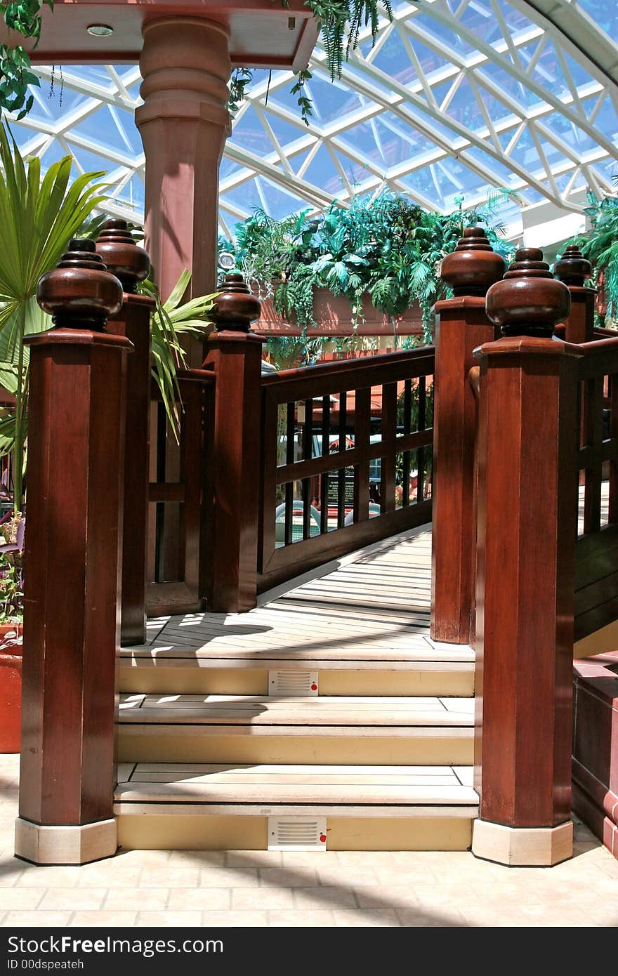 Walkway through a tropical solarium and spa. Walkway through a tropical solarium and spa