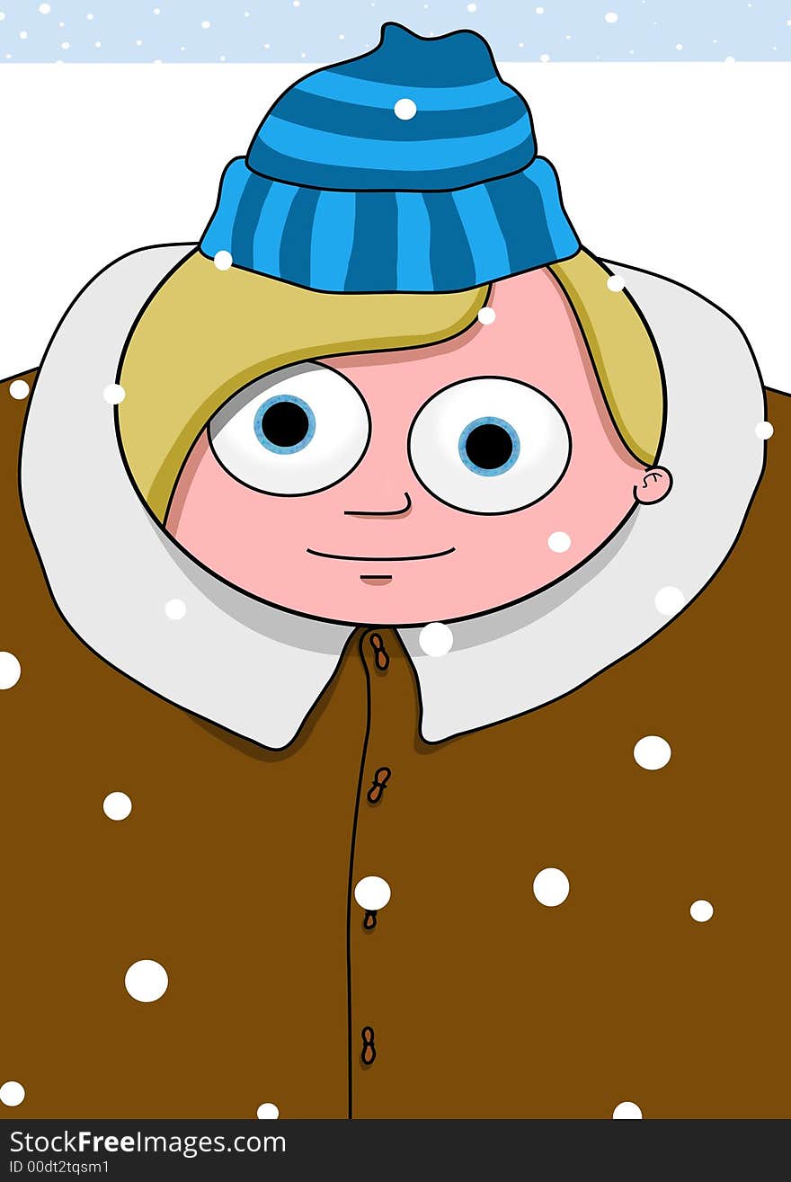 Illustration of person outside in the snow, wearing lots of clothes. Illustration of person outside in the snow, wearing lots of clothes