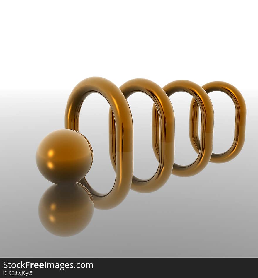 Golden gates and sphere on glass surface - 3d scene. Golden gates and sphere on glass surface - 3d scene.