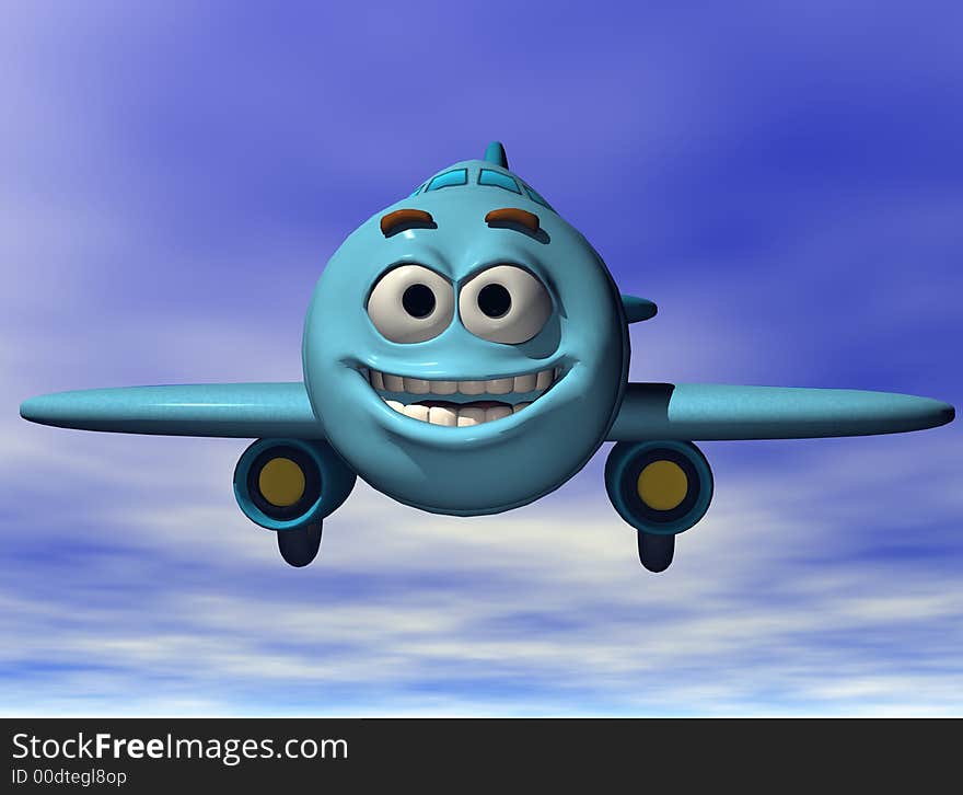 A Smiling blue emoticon plane greets you from the sky. Computer Generated Image, 3D models. A Smiling blue emoticon plane greets you from the sky. Computer Generated Image, 3D models.