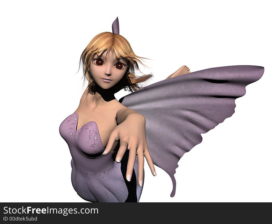 A lovely fae, dressed in lavendar, is caught in mid-dance. Computer Generated Image, 3D models. A lovely fae, dressed in lavendar, is caught in mid-dance. Computer Generated Image, 3D models