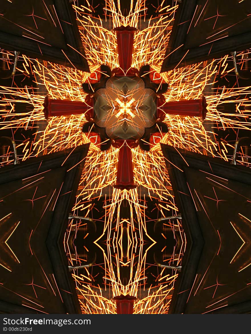 Kaleidoscope cross from photo of sparks from welder grinding metal. Kaleidoscope cross from photo of sparks from welder grinding metal