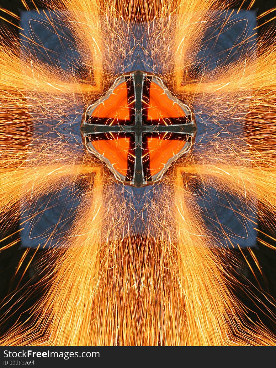 Kaleidoscope cross from photo of sparks from welder grinding metal. Kaleidoscope cross from photo of sparks from welder grinding metal