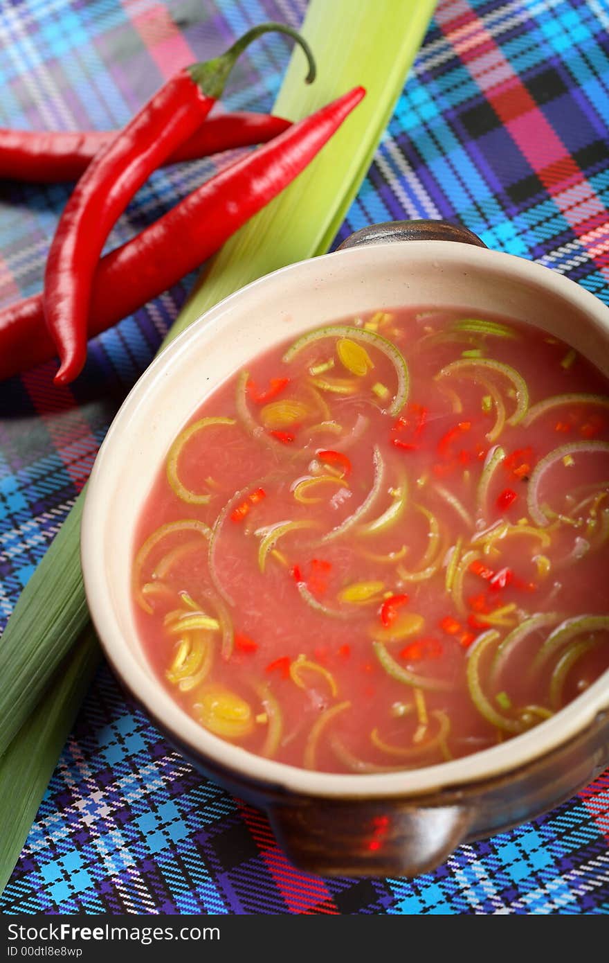 Tasty soup made from sauerkraut with pepper and leek. Tasty soup made from sauerkraut with pepper and leek