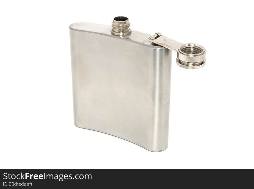 Metallic open shiny hipflask with screw-top. Metallic open shiny hipflask with screw-top