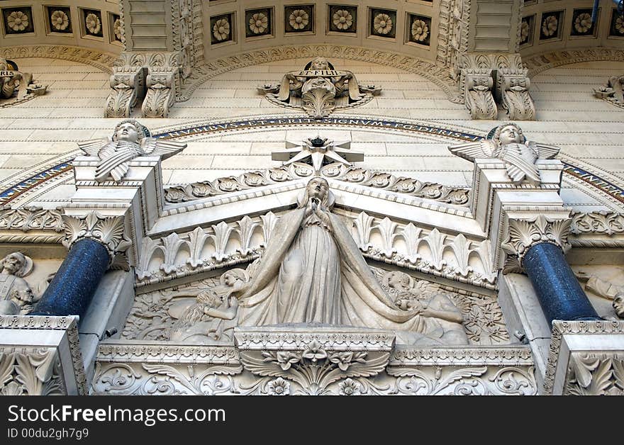 The bas-relief on the front at basilique de fourvier. Lyon. France.