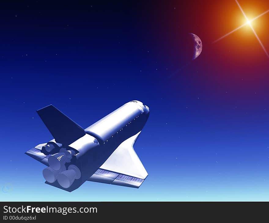 A conceptual image of spacecraft flying away from Earth. A conceptual image of spacecraft flying away from Earth.