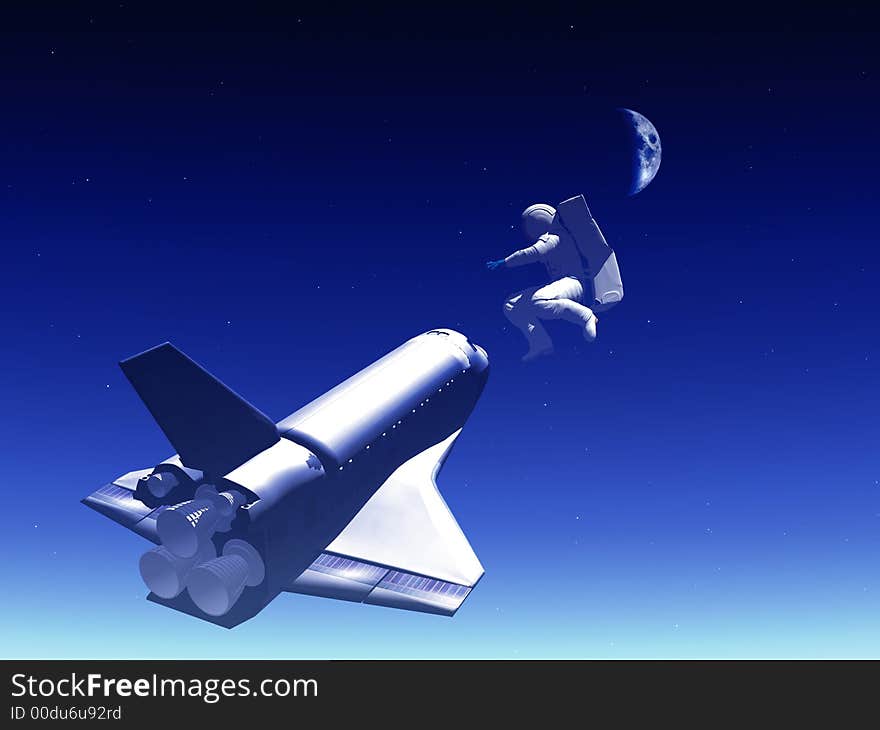 A conceptual image of spacecraft and spaceman flying away from Earth. A conceptual image of spacecraft and spaceman flying away from Earth.