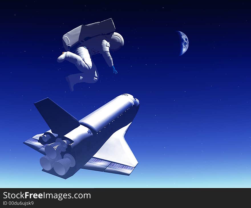 A conceptual image of spacecraft and spaceman flying away from Earth. A conceptual image of spacecraft and spaceman flying away from Earth.