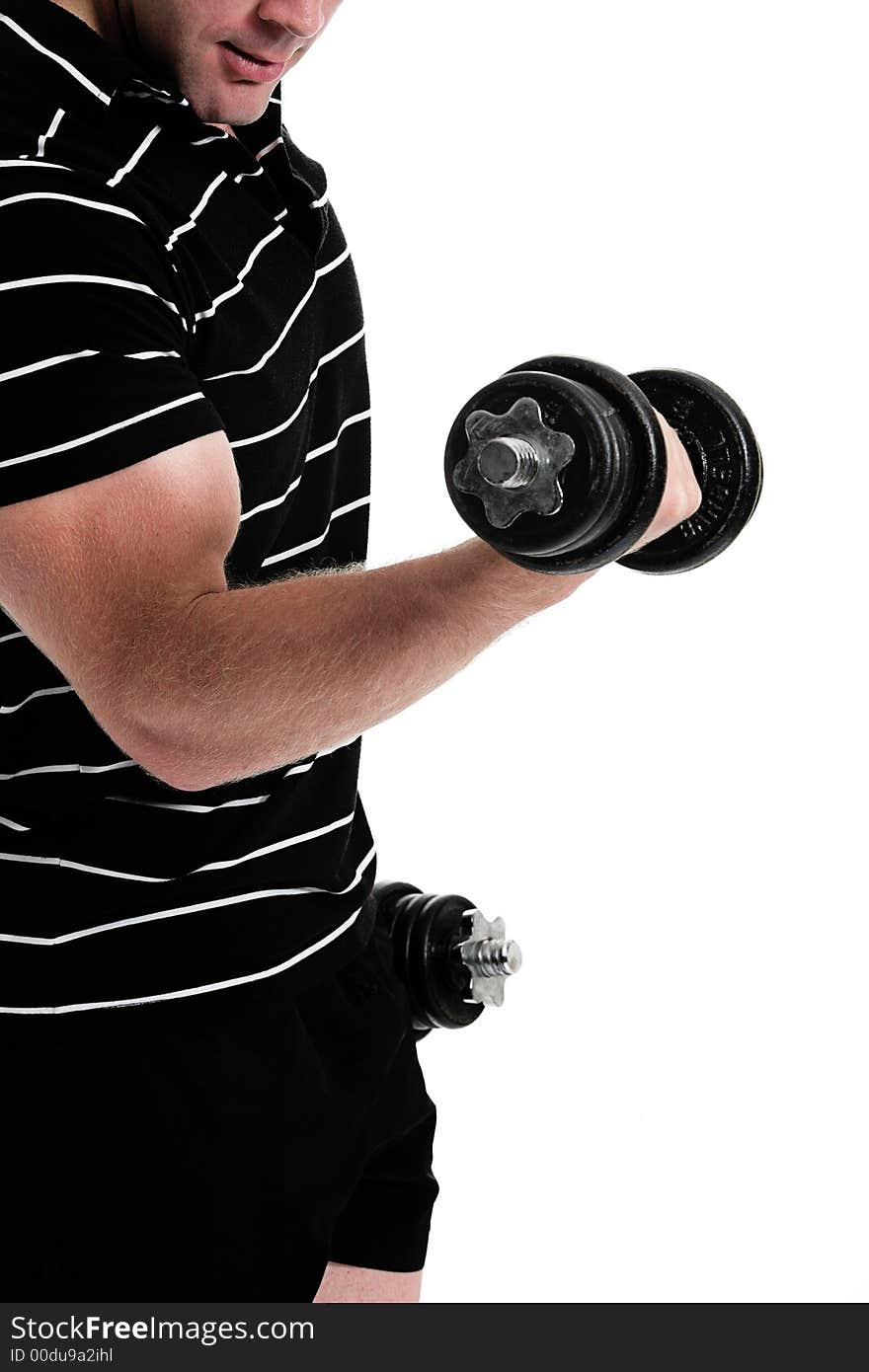 Male body builder lifting a dumbell with his left arm. Male body builder lifting a dumbell with his left arm