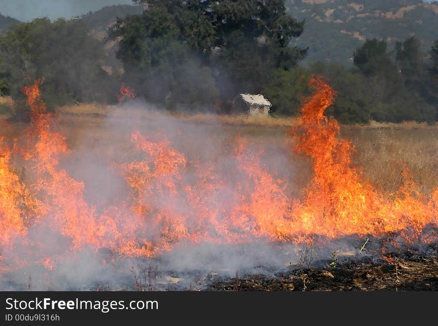 Flames near a building