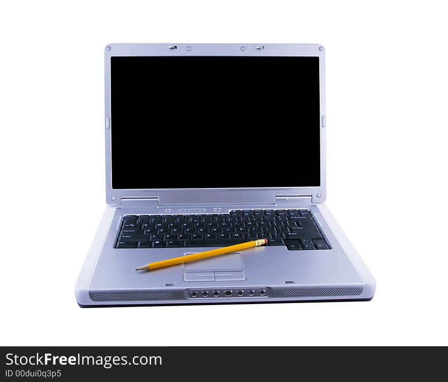 Laptop and a pencil selected on a white background