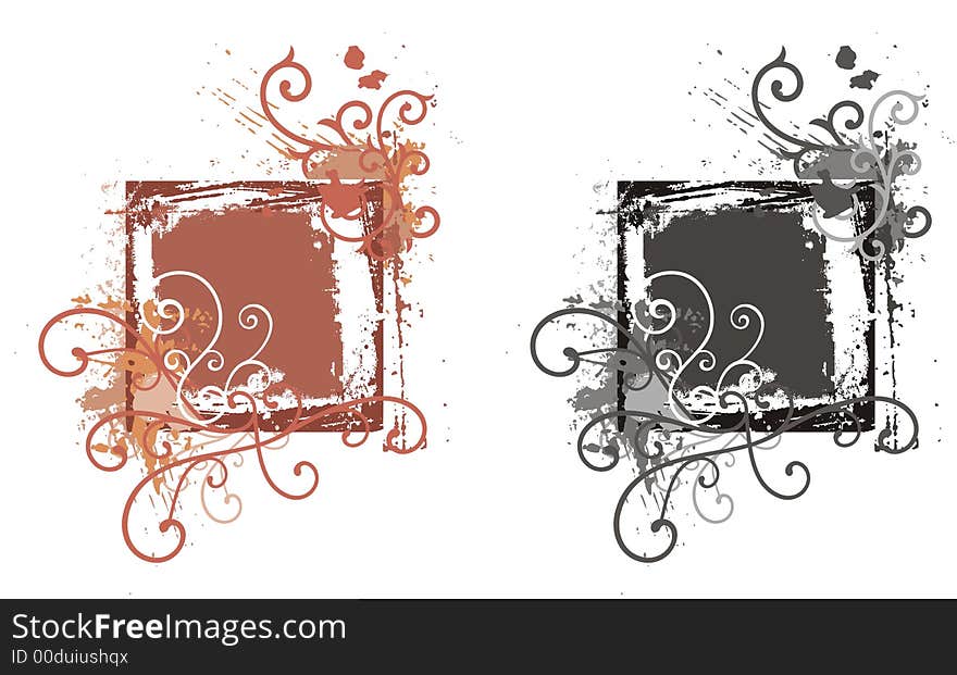 Grunge abstract frame with ornamental elements, in color, and black and white renderings. Grunge abstract frame with ornamental elements, in color, and black and white renderings.