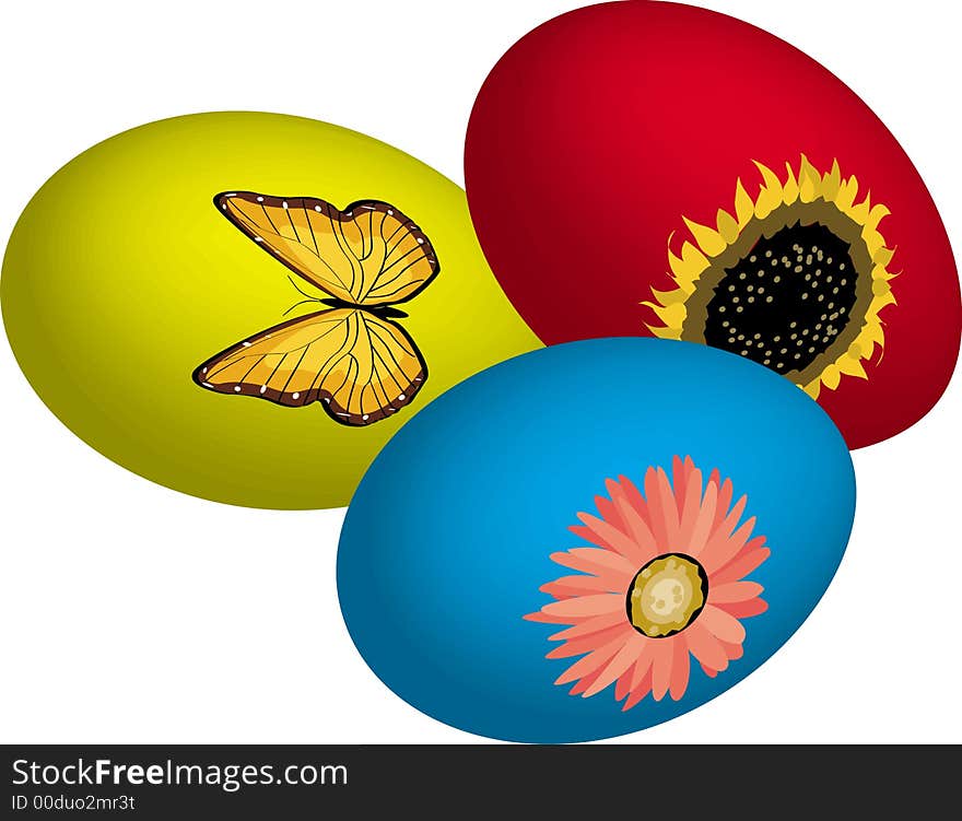 Three easter eggs on a white background.