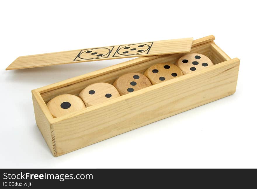 Five wooden gambling dices