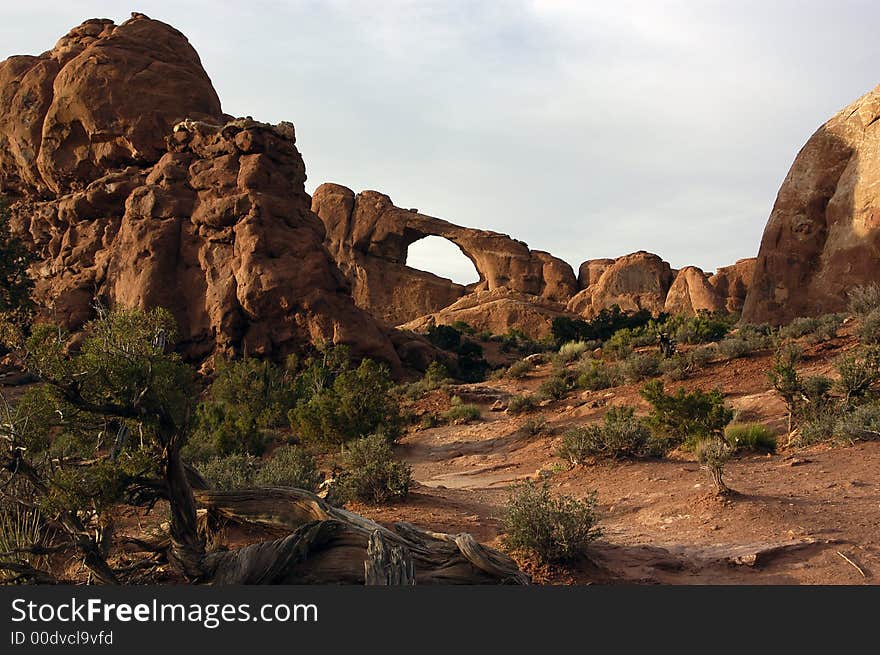 View of an arch in Arches National Park in Utah.