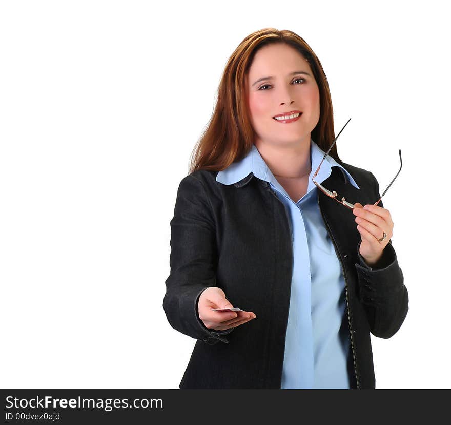 Attractive business woman giving business card - isolated on white