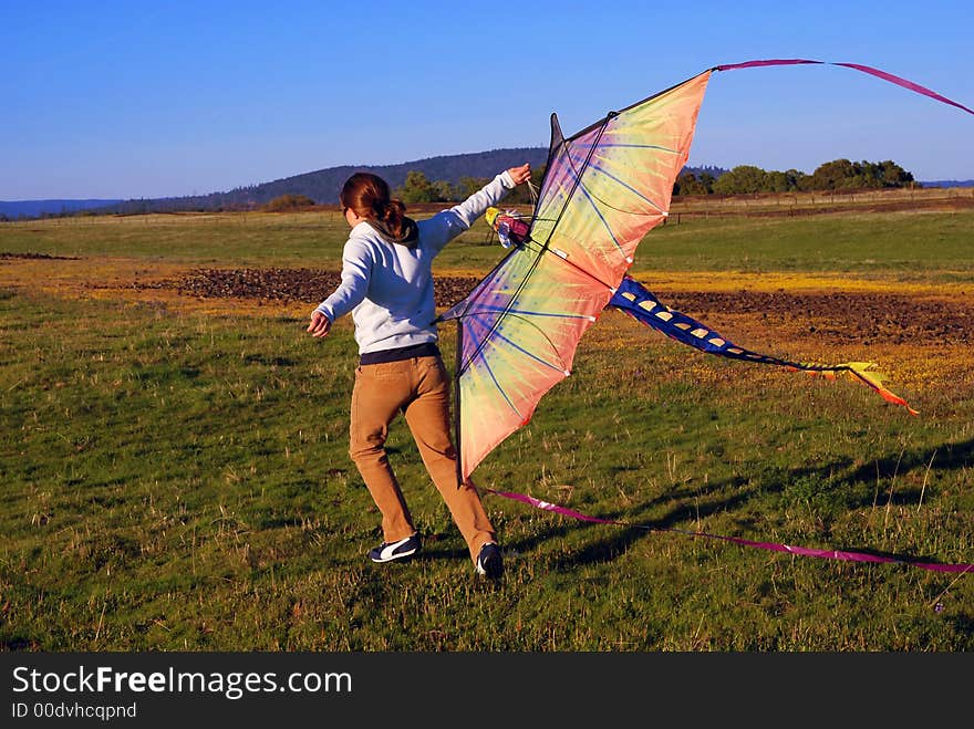 Teenage girl running with colorful dragon kite against blue sky with yellow flowers. Teenage girl running with colorful dragon kite against blue sky with yellow flowers