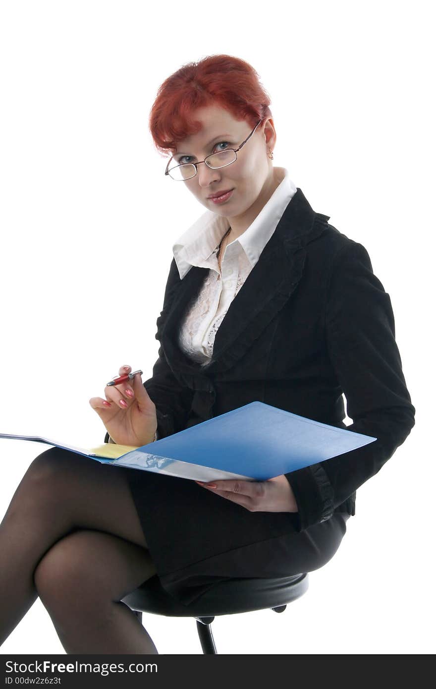 Businesswoman in glasses with a folder on a white background