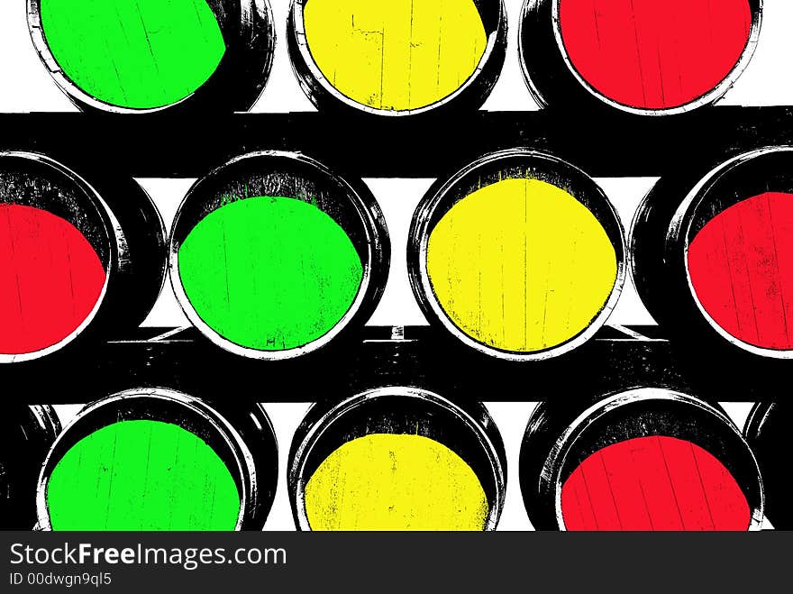 Barrels designed to look like a graphic illustration. Multi colored barrels