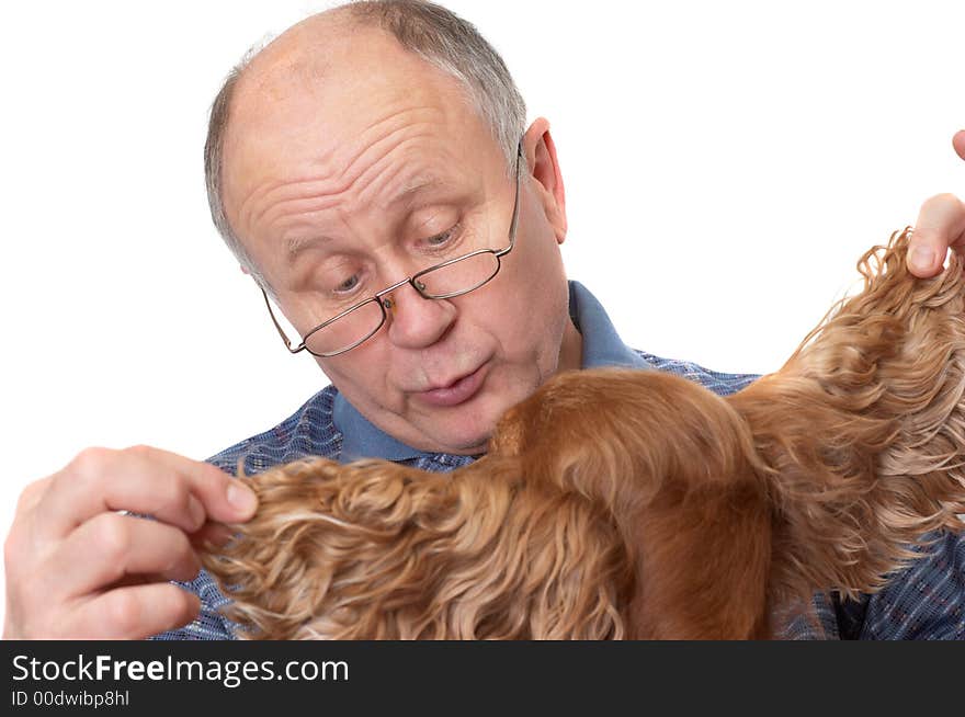 Bald senior man with dog