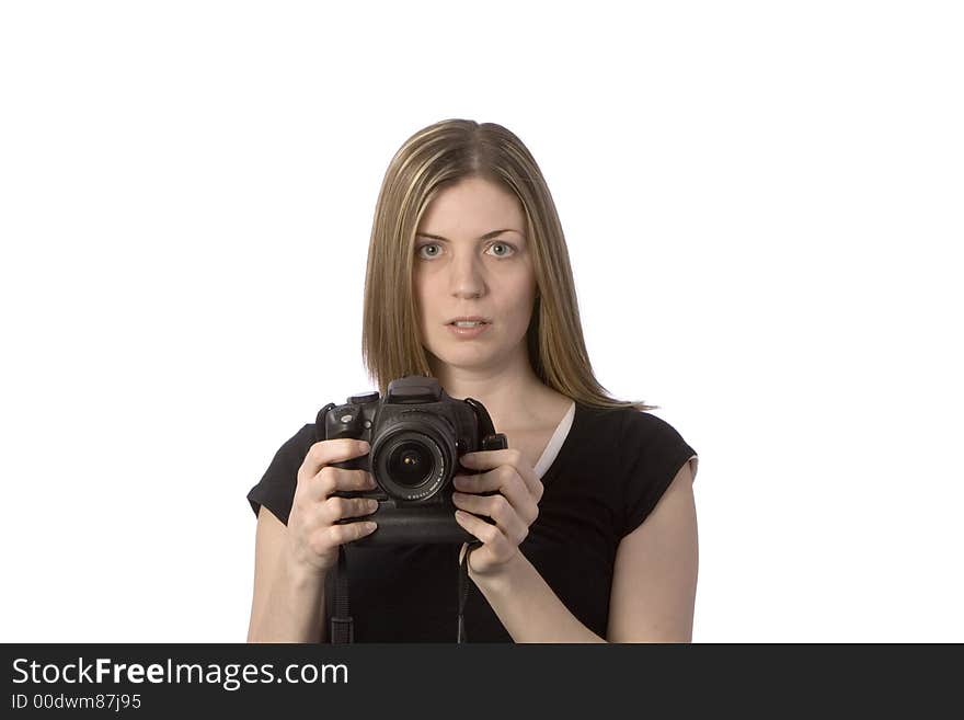 Woman surprised holding camera, on isolated white background. Woman surprised holding camera, on isolated white background