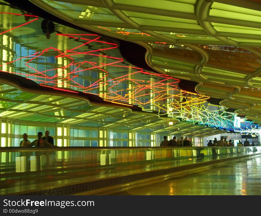 The neon lights in a corridor of a major internation airport. The neon lights in a corridor of a major internation airport