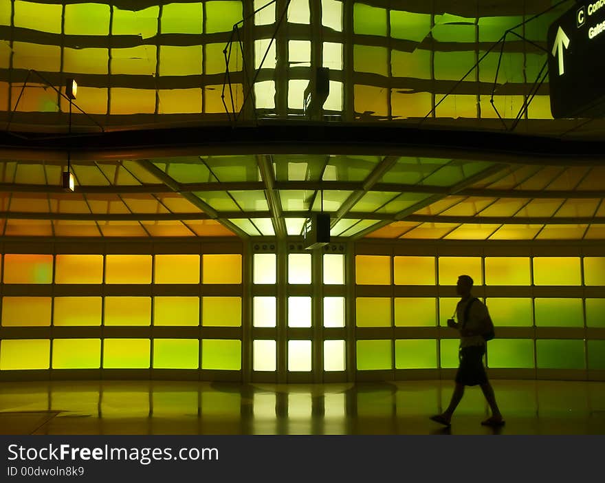 The neon lights in a corridor of a major internation airport. The neon lights in a corridor of a major internation airport