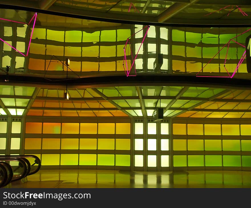 The neon lights in a corridor of a major internation airport. The neon lights in a corridor of a major internation airport