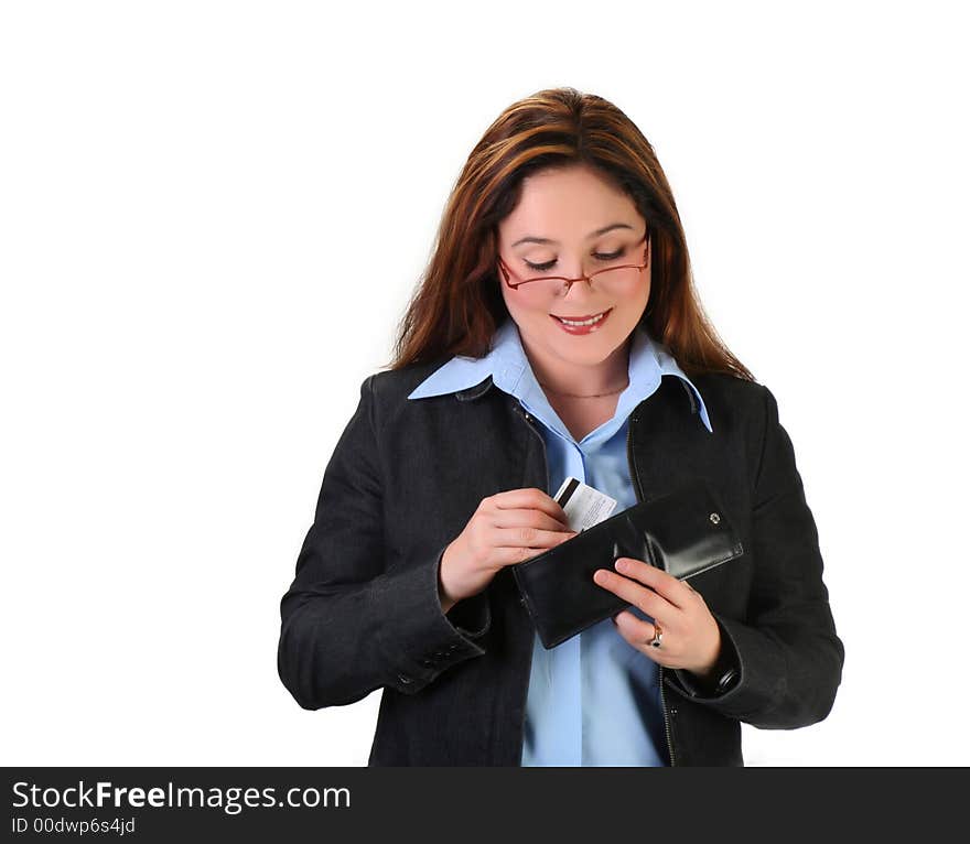 Woman smiling and pulling out credit card out of her wallet. Woman smiling and pulling out credit card out of her wallet