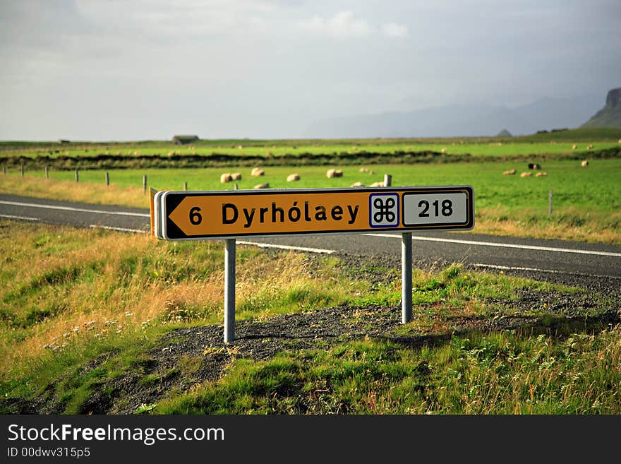 Tourist signpost to Dyrholaey archway Southern Iceland. Tourist signpost to Dyrholaey archway Southern Iceland