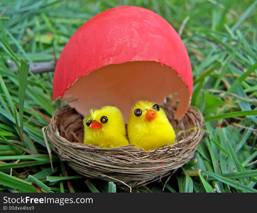 Toy baby chicken in the nest protected by an egg shell. Toy baby chicken in the nest protected by an egg shell