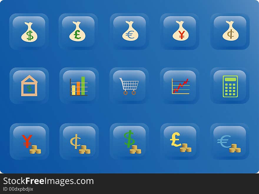 Blue buttons with color finance icons. Blue buttons with color finance icons