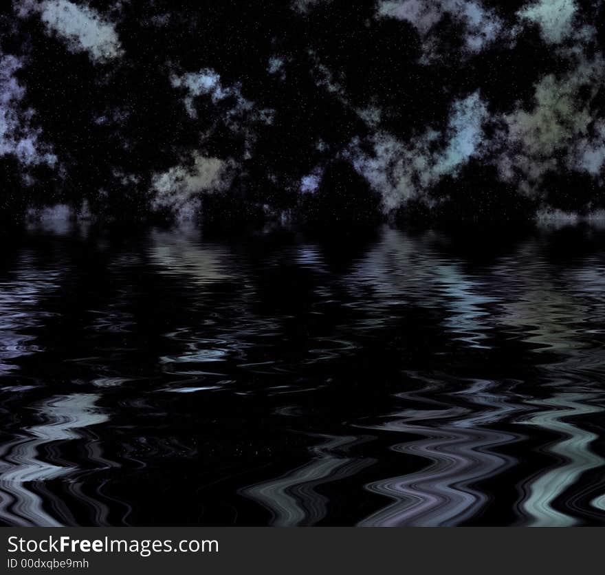 Night sky with clouds and stars reflected over water. Night sky with clouds and stars reflected over water