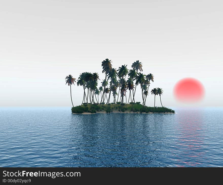 Coconut palms and green island at sunrise - 3D scene. Coconut palms and green island at sunrise - 3D scene.