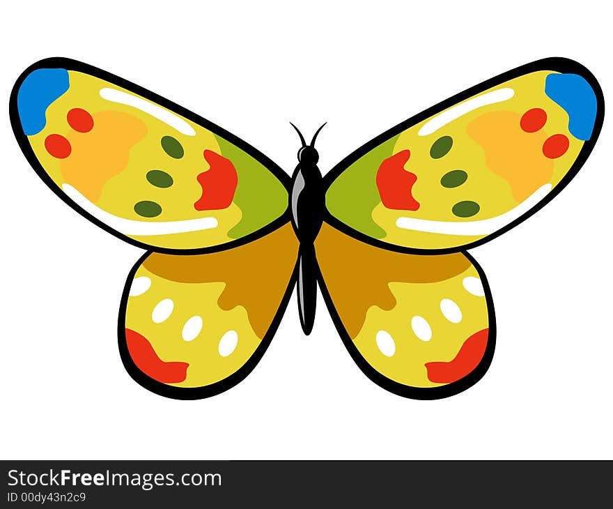 Isolated Butterfly ready to fly in spring time, yellow, orange, blue, red colours. Isolated Butterfly ready to fly in spring time, yellow, orange, blue, red colours