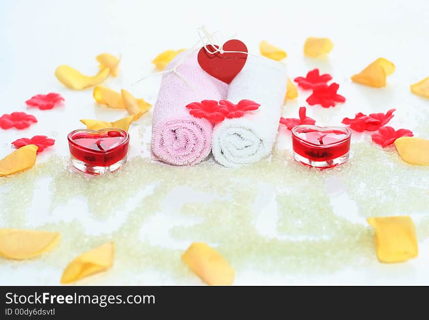 Romantic bath accessories with red heart candle. Romantic bath accessories with red heart candle