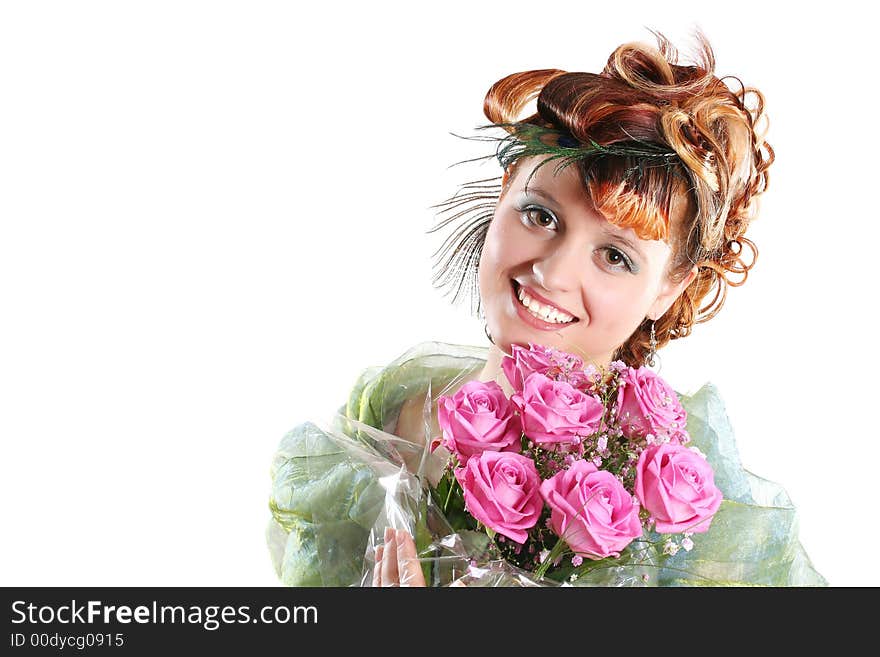 Portrait of the girl with an elegant hairdress and a bouquet of roses. Portrait of the girl with an elegant hairdress and a bouquet of roses