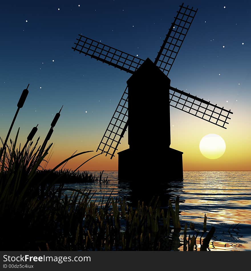 3d render of an ancient windmill in a dreamy lagoon