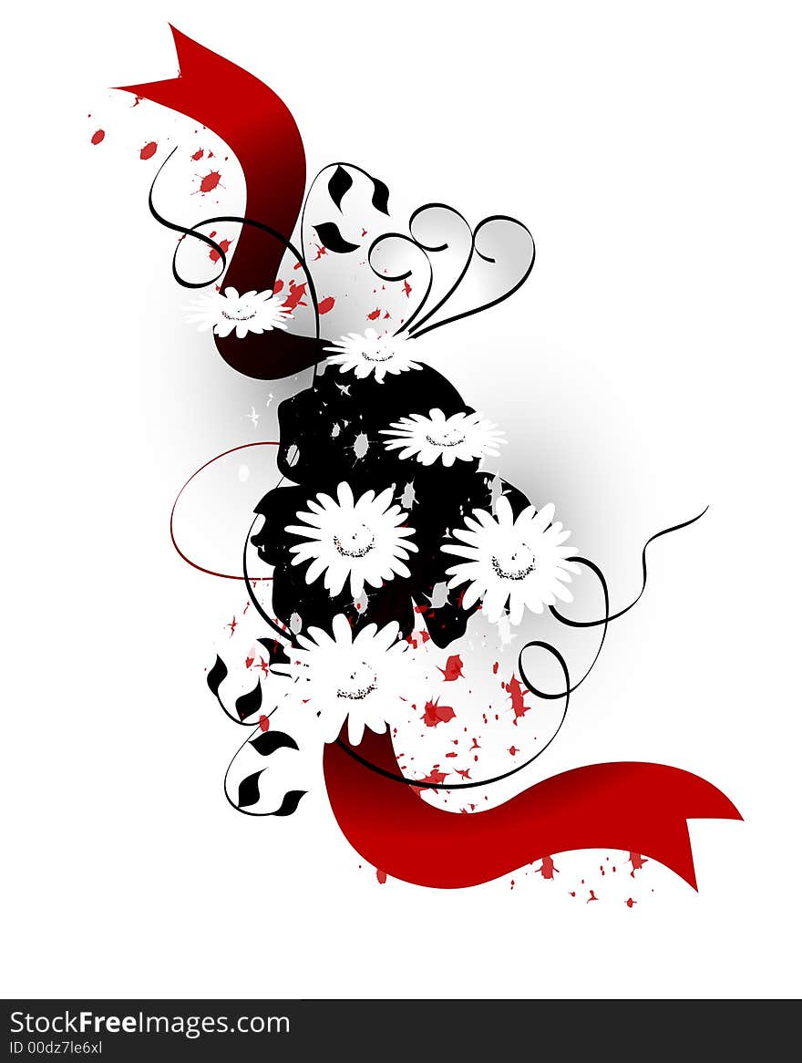 Flower, foliage and swirl background. Red white and black. Flower, foliage and swirl background. Red white and black.