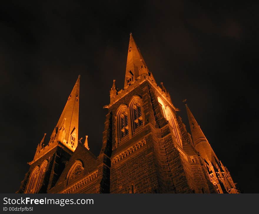 Catholic Cathedral at Night, in Melbourne, Australia. St Paul's Cathedral / Church located on Flinder's Street in Melbourne. Catholic Cathedral at Night, in Melbourne, Australia. St Paul's Cathedral / Church located on Flinder's Street in Melbourne.