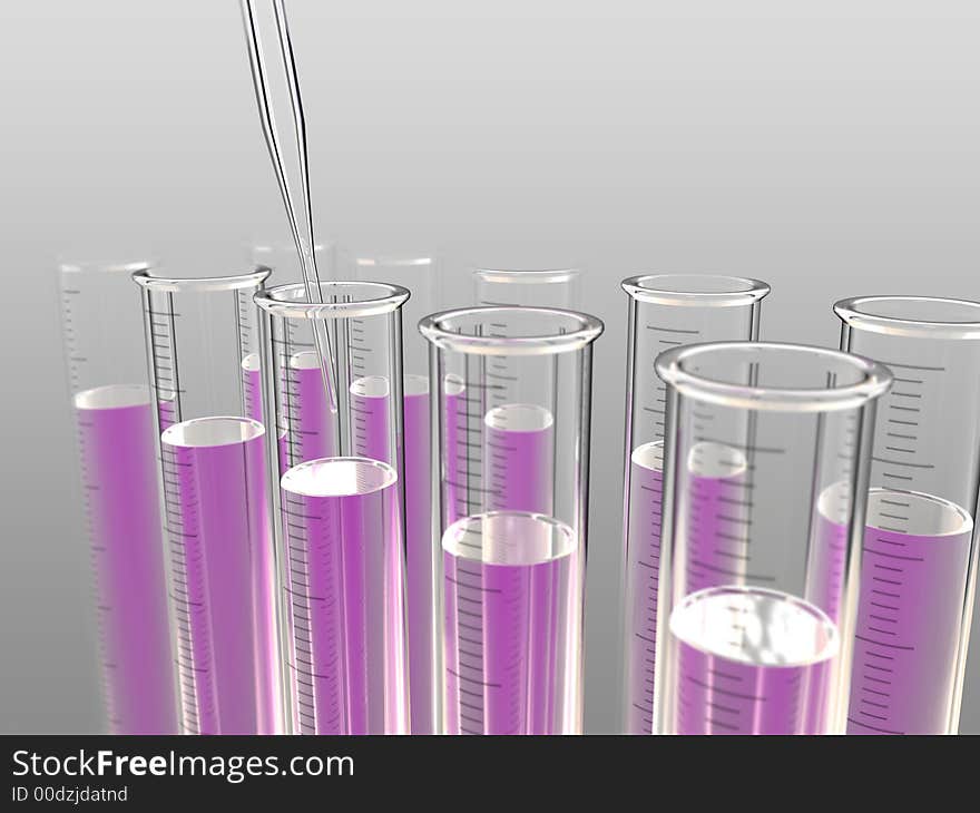 Set of analysis test tubes, filled by violet liquid